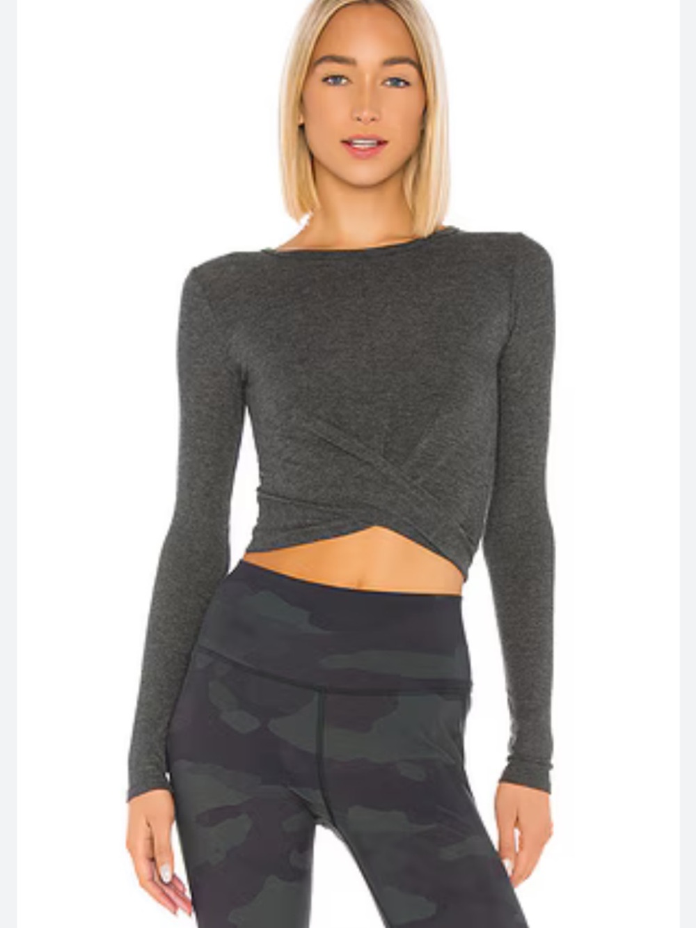 ALO Anthracite Grey Long Sleeve Twist Front Crop Top size XS